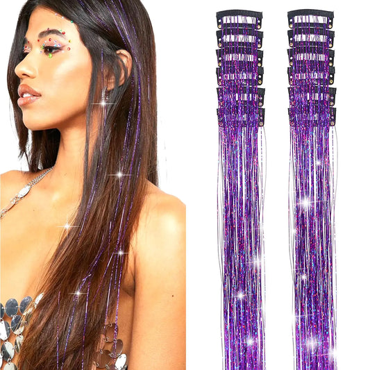 YOOONXI 12Pcs Hair Tinsel Clip in 19.6Inch Glitter Tinsel Hair Extensions Clip in Hair Tinsel Kit Heat Resistant Shiny Sparkle Fairy Hair Accessories for Women Girls Kids (Purple)