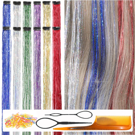 CelineBella Clip In Hair Tinsel for Girls 6 Colors 12 Pcs 80 Strands/Pcs Heat Resistant Colorful Hair Tinsel Kit for Cosplay Party Halloween