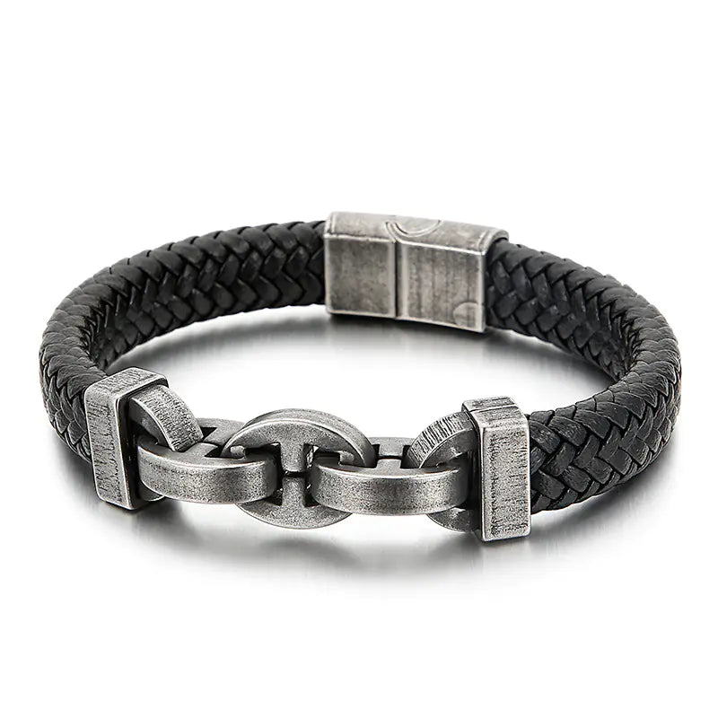 Men's Titanium Steel Braided Cowhide Bracelet Jewelry