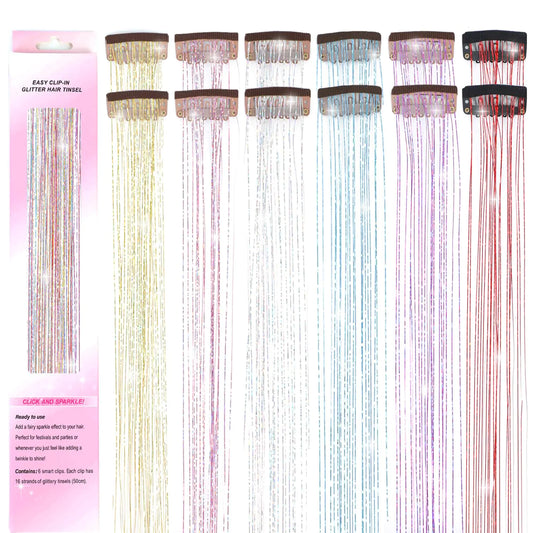 USHUIUS Hair Tinsel Clip in 6 Colors 12Pcs Tinsel Hair Glitter Tinsel Hair Extensions Clip in Hair Tinsel Fairy Hair Tinsel Heat Resistant Sparkly Hair Accessories for Girls Women Kids (12Pcs GALAXY)