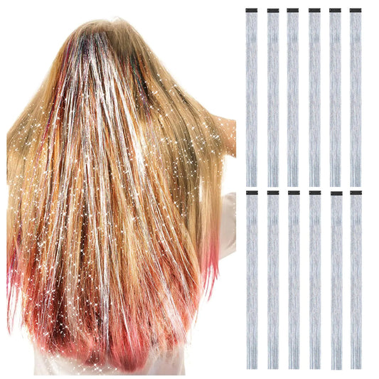 12 pcs Silver Highlight Glitter Tinsel Hair Extensions Clip In for Girls Hair Tinsel Heat Resistant Colourful Fairy Hair Tinsel Kit Rainbow 19 Inch Hair Tinsel Clip in for Kids(silver)