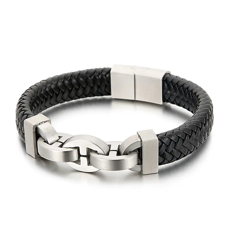 Men's Titanium Steel Braided Cowhide Bracelet Jewelry