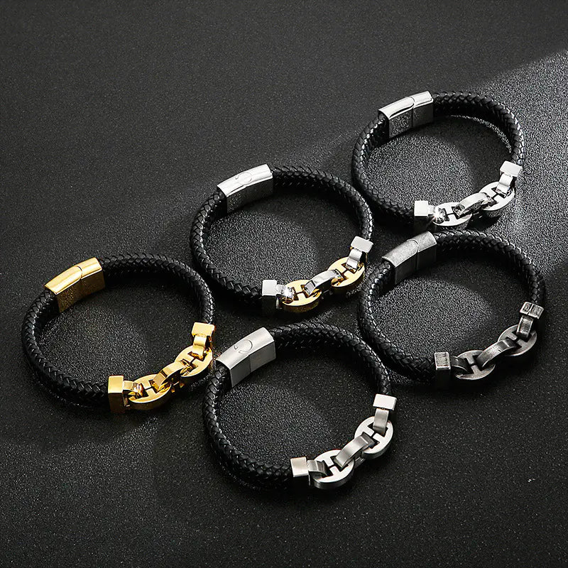 Men's Titanium Steel Braided Cowhide Bracelet Jewelry