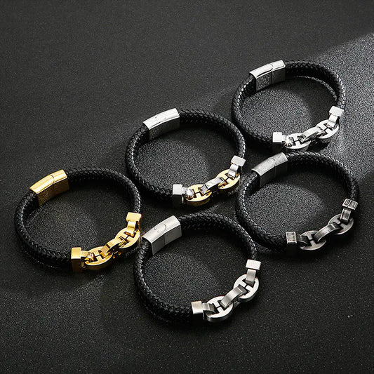 Men's Titanium Steel Braided Cowhide Bracelet Jewelry