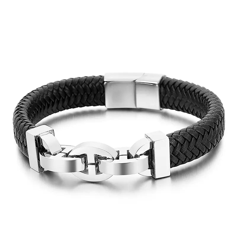 Men's Titanium Steel Braided Cowhide Bracelet Jewelry