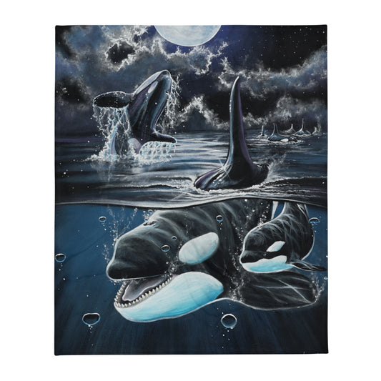 "Moonlit Playtime" Orcas Throw Blanket