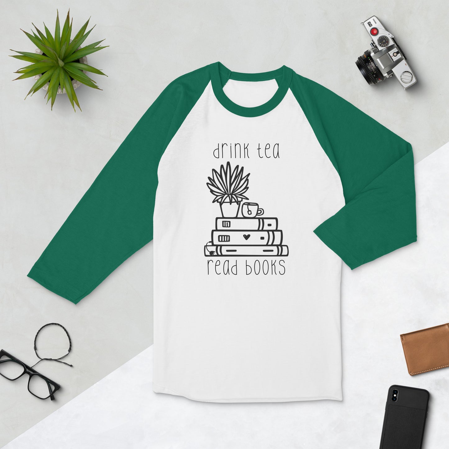 drink tea, read books 3/4 sleeve raglan shirt